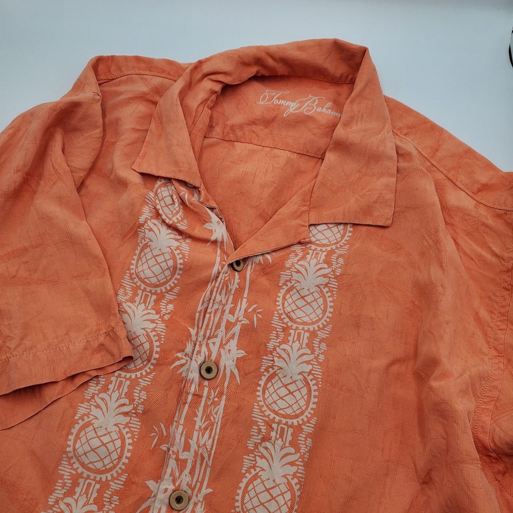 Tommy Bahama Mens XL Silk Hawaiian Shirt Orange Pineapple Bamboo Tropical Aloha